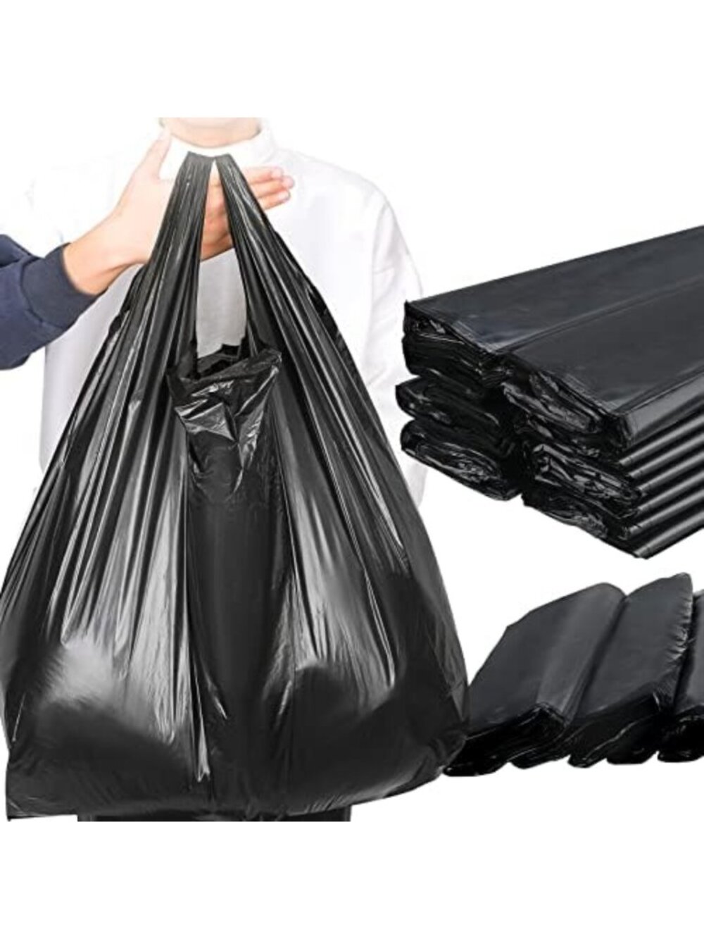 Jumbo Black Plastic T-Shirt Bags, 20" x 12", Heavy-Duty, Bulk Pack, Retail Use